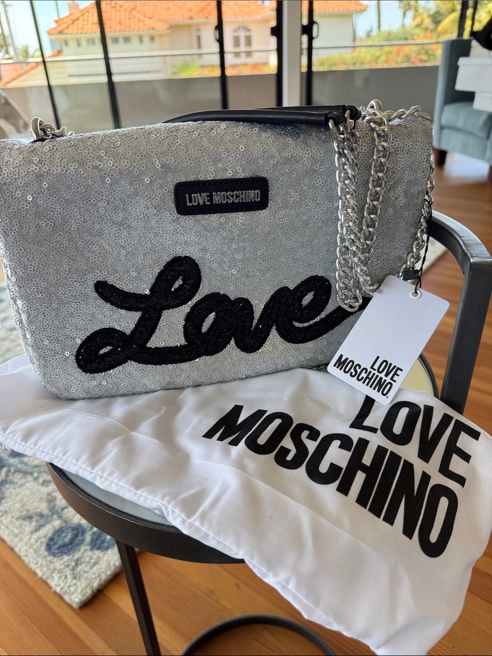 LOVE MOSCHINO Silver and Black Sequin Logo Shoulder Bag NWT